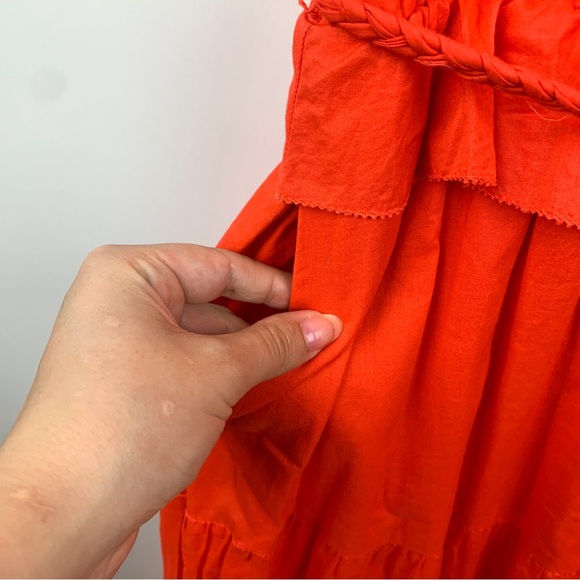 J. Crew Ruffle Front Maxi Dress Braided Belt Red Orange Cotton Tiered Size 4 - Picture 4 of 8